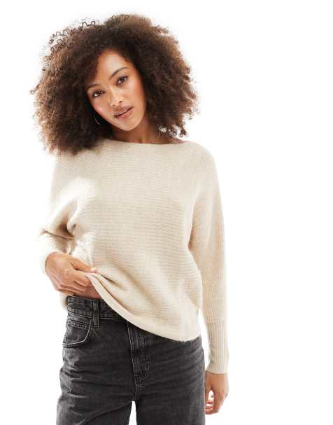 ONLY ribbed wide neck knitted jumper in ecru 