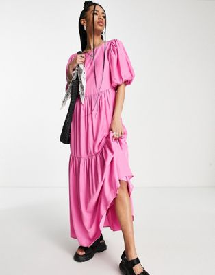 Only premium satin tie back tiered maxi dress in bright pink