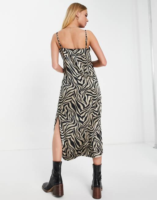 Only printed satin midi slip dress in zebra print