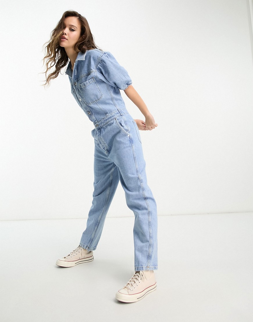 Only puff sleeve denim jumpsuit in light blue