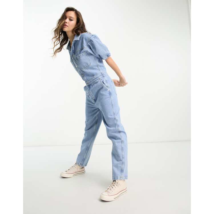 Only puff sleeve denim jumpsuit in light blue