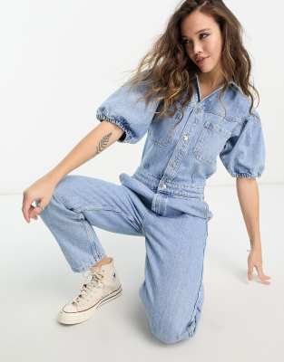 Only long sleeve jumpsuit in light blue denim