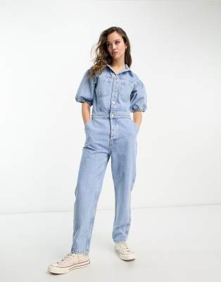 Only long sleeve jumpsuit in light blue denim