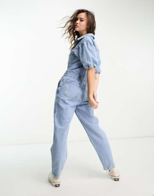 Only long sleeve jumpsuit in light blue denim