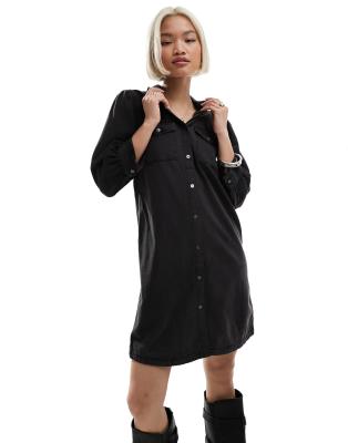 Only Puff Sleeve Denim Mini Dress In Black