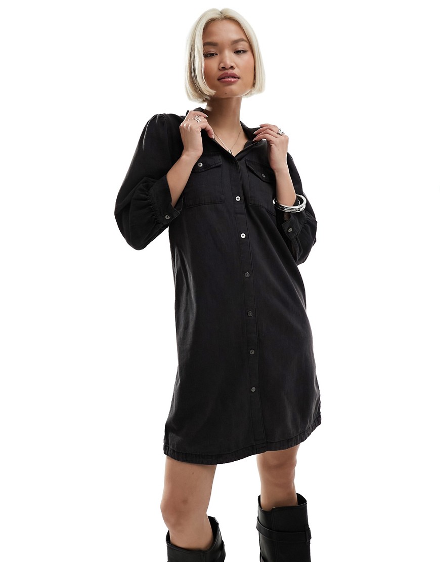 ONLY puff sleeve denim mini dress in black