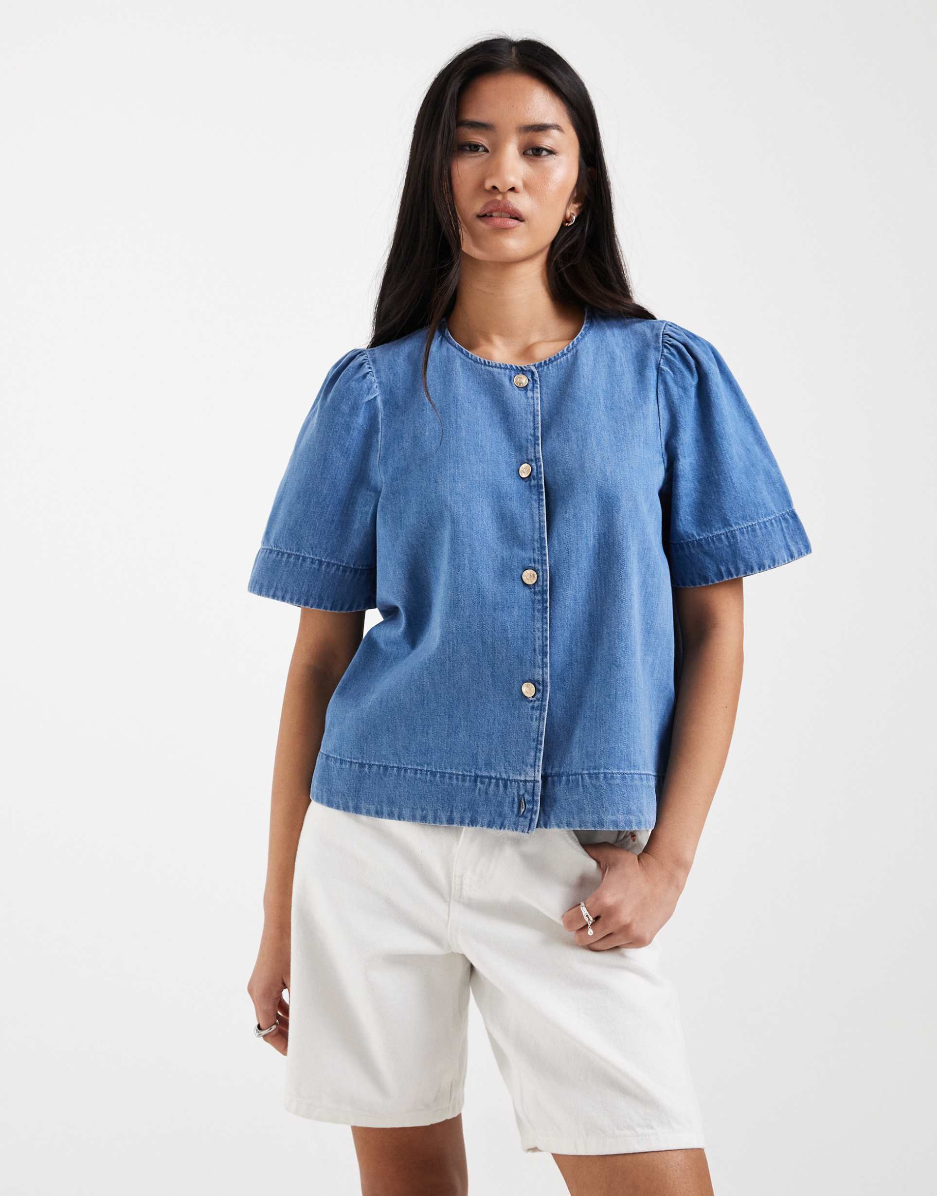 only puff sleeve denim shirt in mid blue