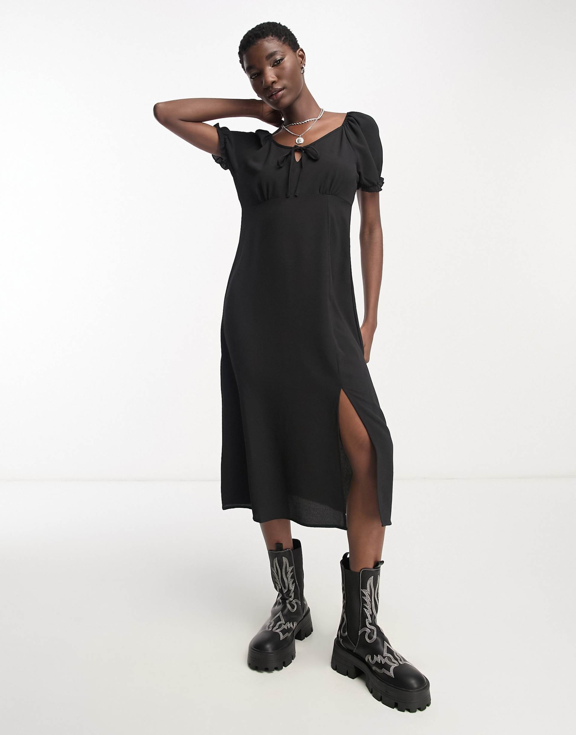 only puff sleeve milkmaid maxi dress in black