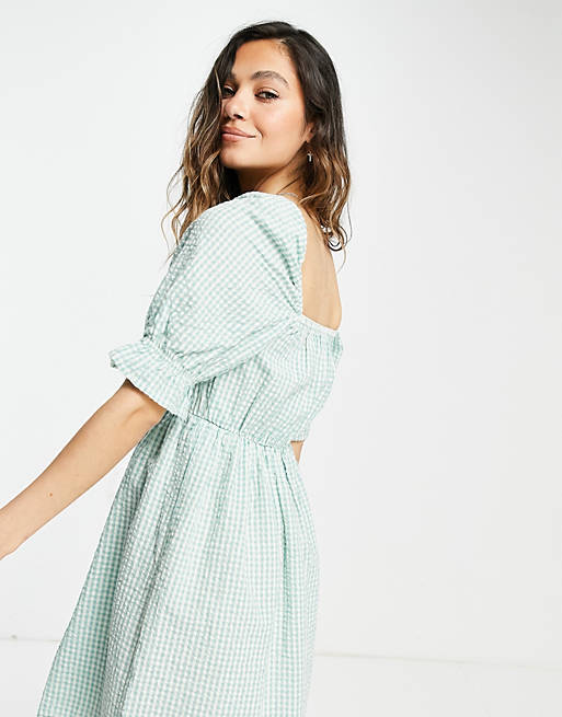 Only puff sleeve mini dress in green gingham