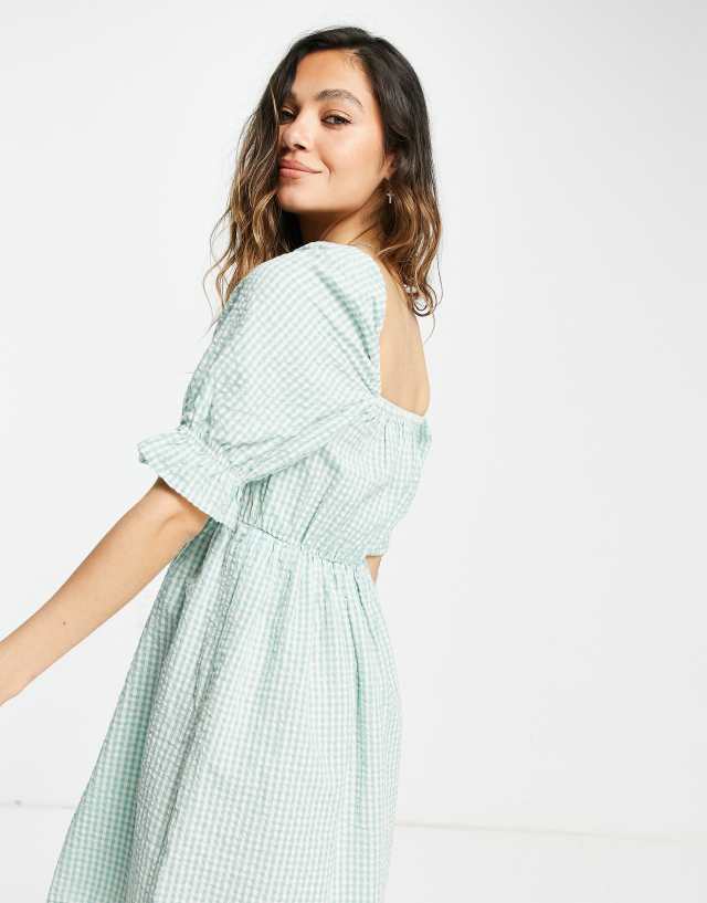 Only puff sleeve mini dress in green gingham