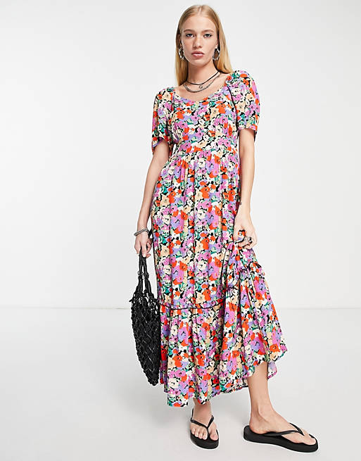 Only puff sleeve tiered hem maxi dress in red & purple floral