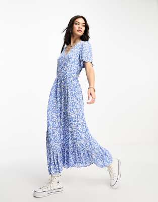 Only Puff Sleeve V Neck Maxi Dress In Blue Floral