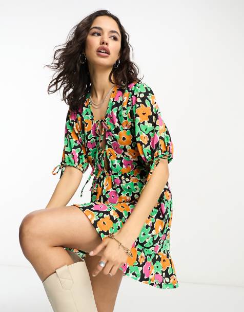 Only puff sleeve V-neck tie detail mini dress in multi floral - view 1