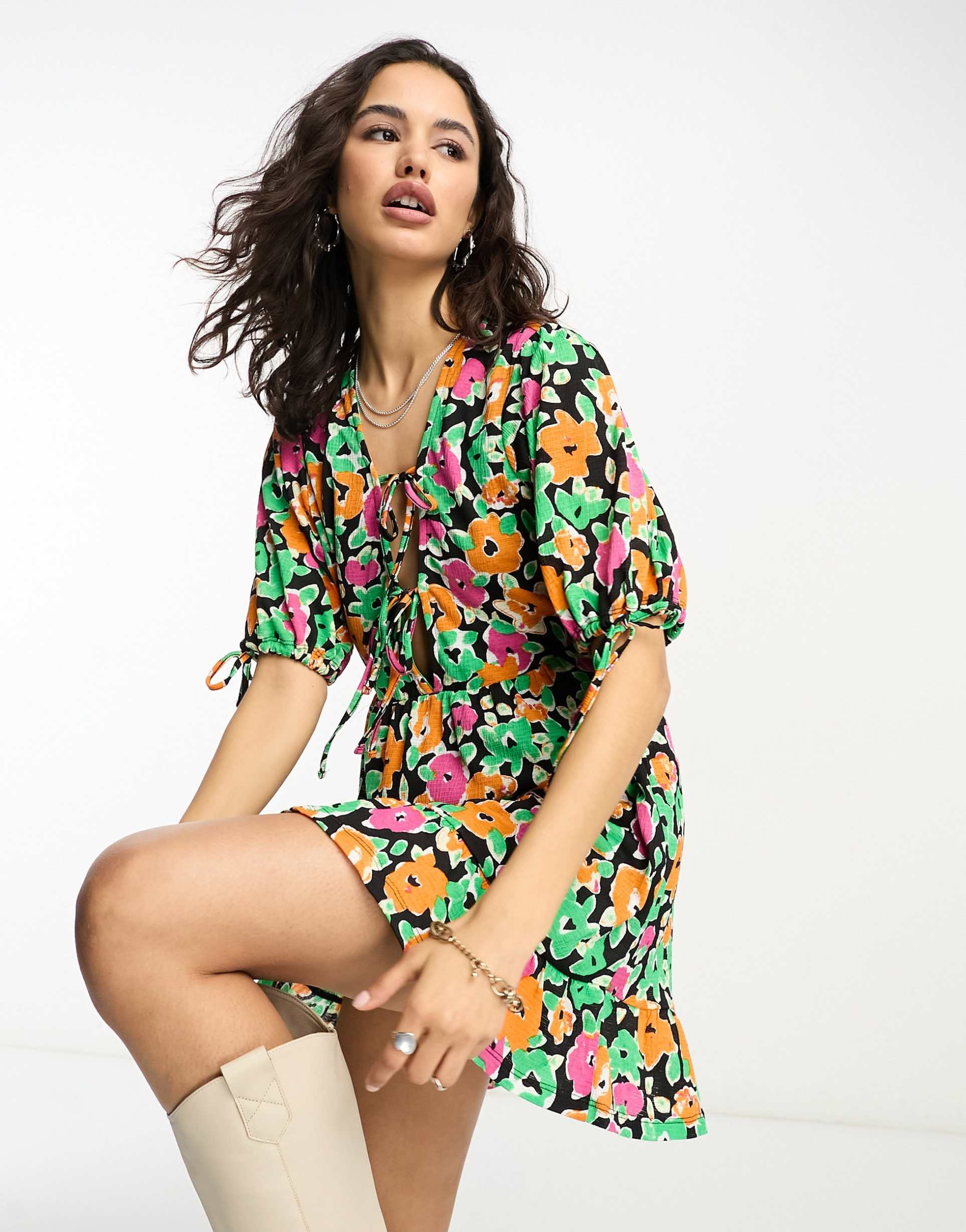 only puff sleeve v-neck tie detail mini dress in multi floral