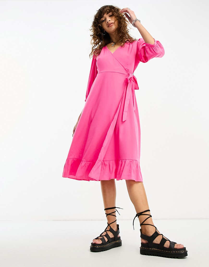 Only puff sleeve wrap midi dress in bright pink