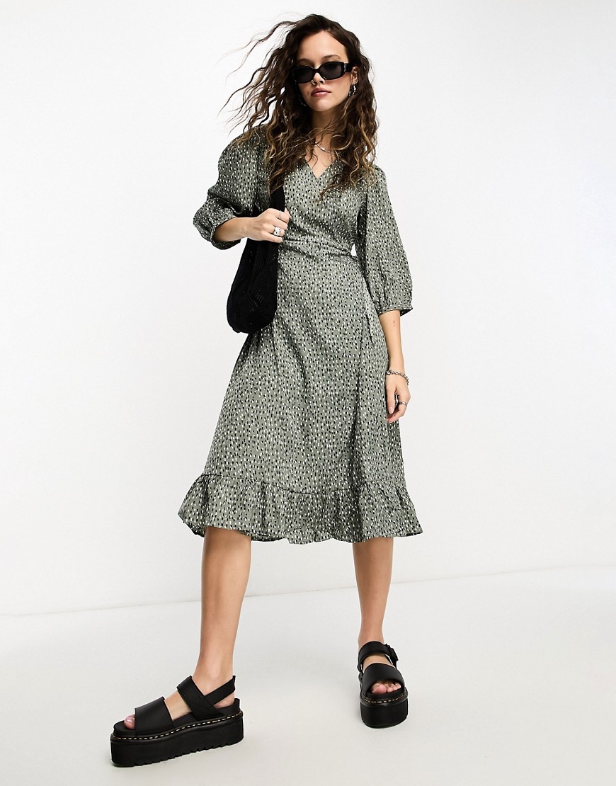 ONLY puff sleeve wrap midi dress in green spot