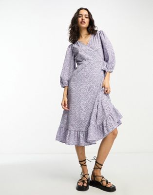 ONLY puff sleeve wrap midi dress in lilac & blue ditsy floral