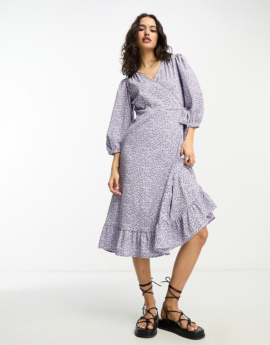 Only puff sleeve wrap midi dress in lilac & blue ditsy floral