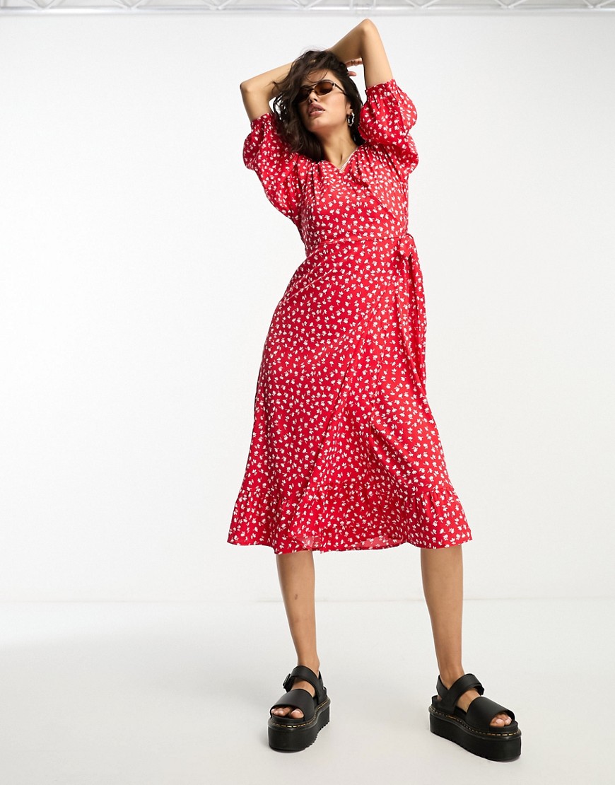 ONLY puff sleeve wrap midi dress in red spot