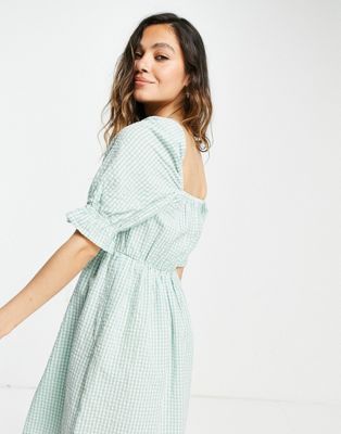 Only puff sleve mini dress in green gingham