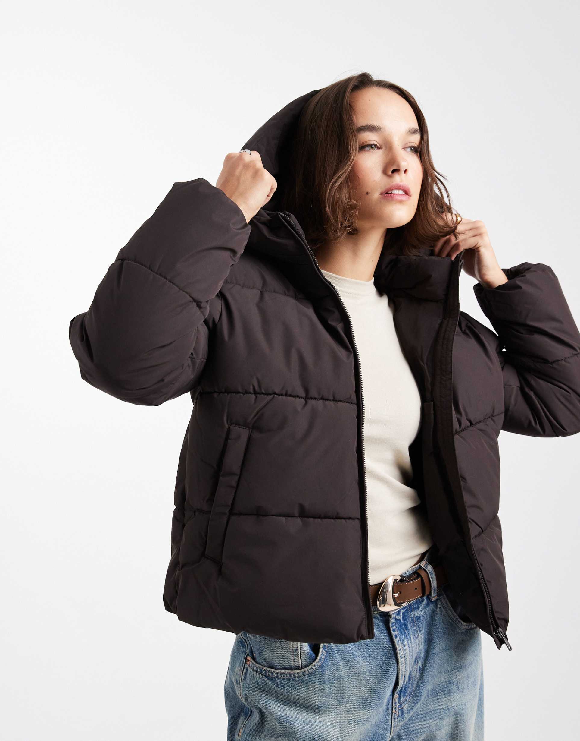 only puffer jacket with hood in dark brown