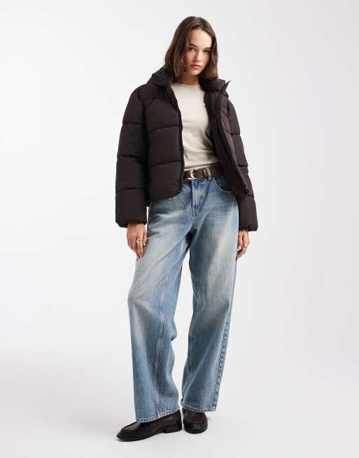 ONLY puffer jacket with hood in dark brown, 3 of 4