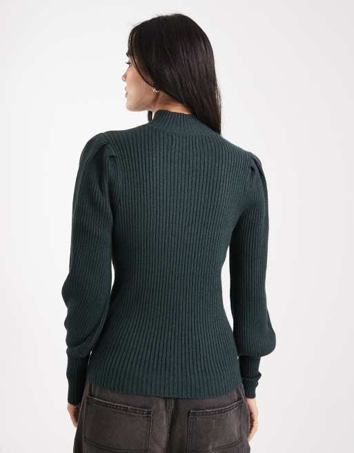 ONLY - Pull col montant à manches bouffantes - Vert foncé, 3 de 4