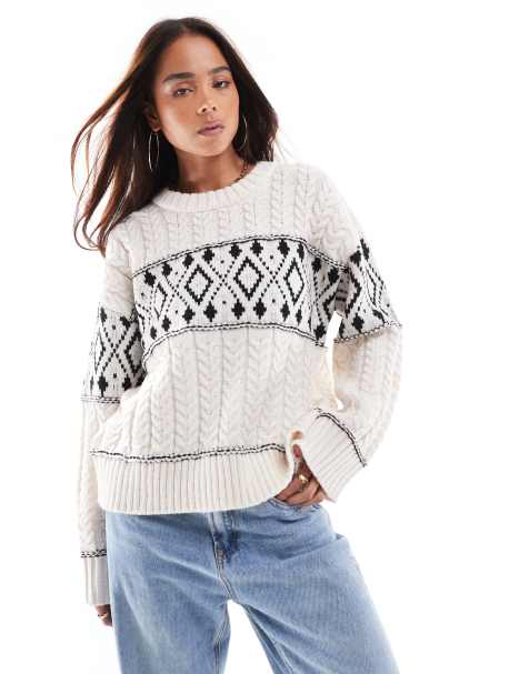 ONLY - Pull col rond en maille à motif losanges - Blanc - view 1