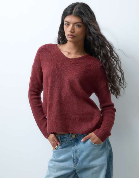 Only pull col V ample rouge foncé - view 1