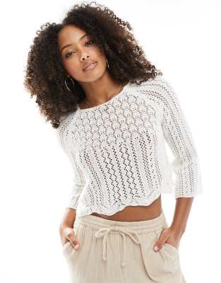Only - Pull court en maille crochetée à manches larges - Blanc