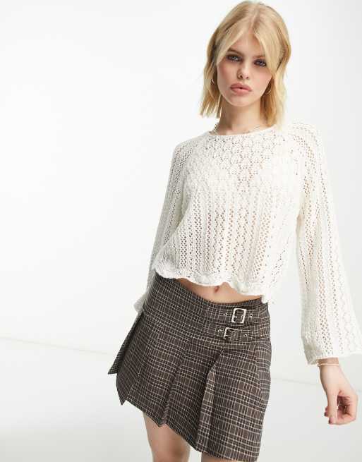 Only Pull court en maille crochet e manches larges Cr me ASOS