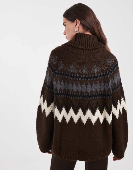 ONLY pull en maille à col montant chocolat fair isle, 4 de 4