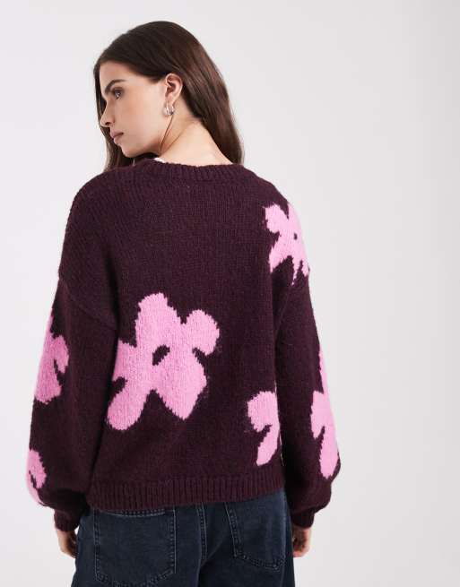 ONLY pull en maille à détails fleuris bordeaux, 4 de 4