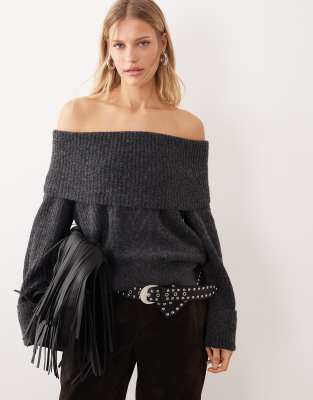 Pull en maille à épaules dénudées - Gris foncé 36