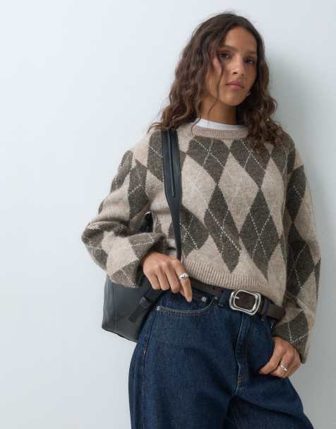 Only pull en maille à losanges à manches longues beige - view 1