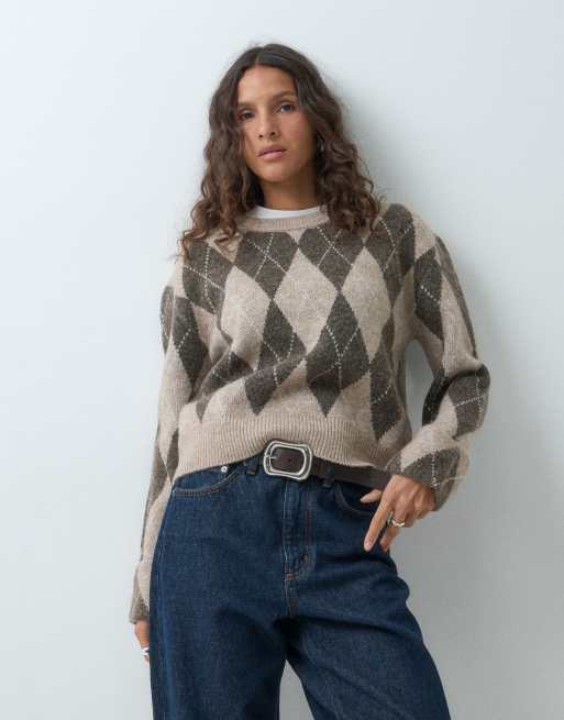 Only pull en maille à losanges à manches longues beige, 4 de 5