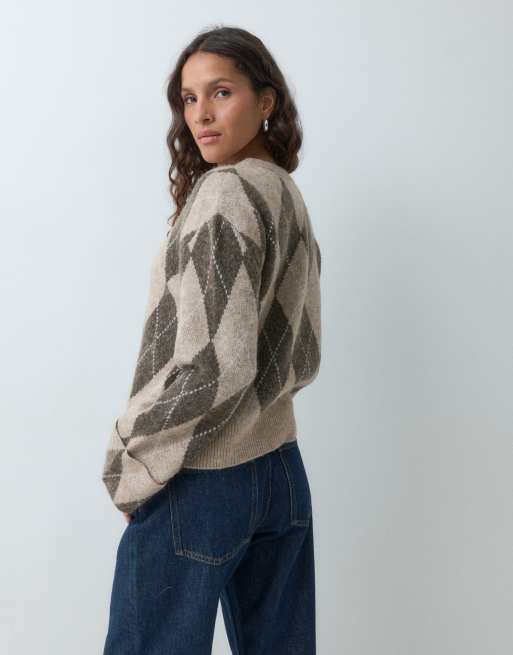 Only pull en maille à losanges à manches longues beige, 5 de 5