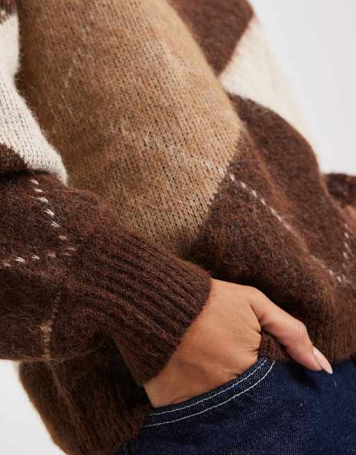 ONLY - Pull en maille duveteuse à motif losanges - Marron, 3 de 4