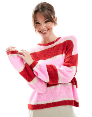 ONLY - Pull léger en maille rayée - Rouge et rose