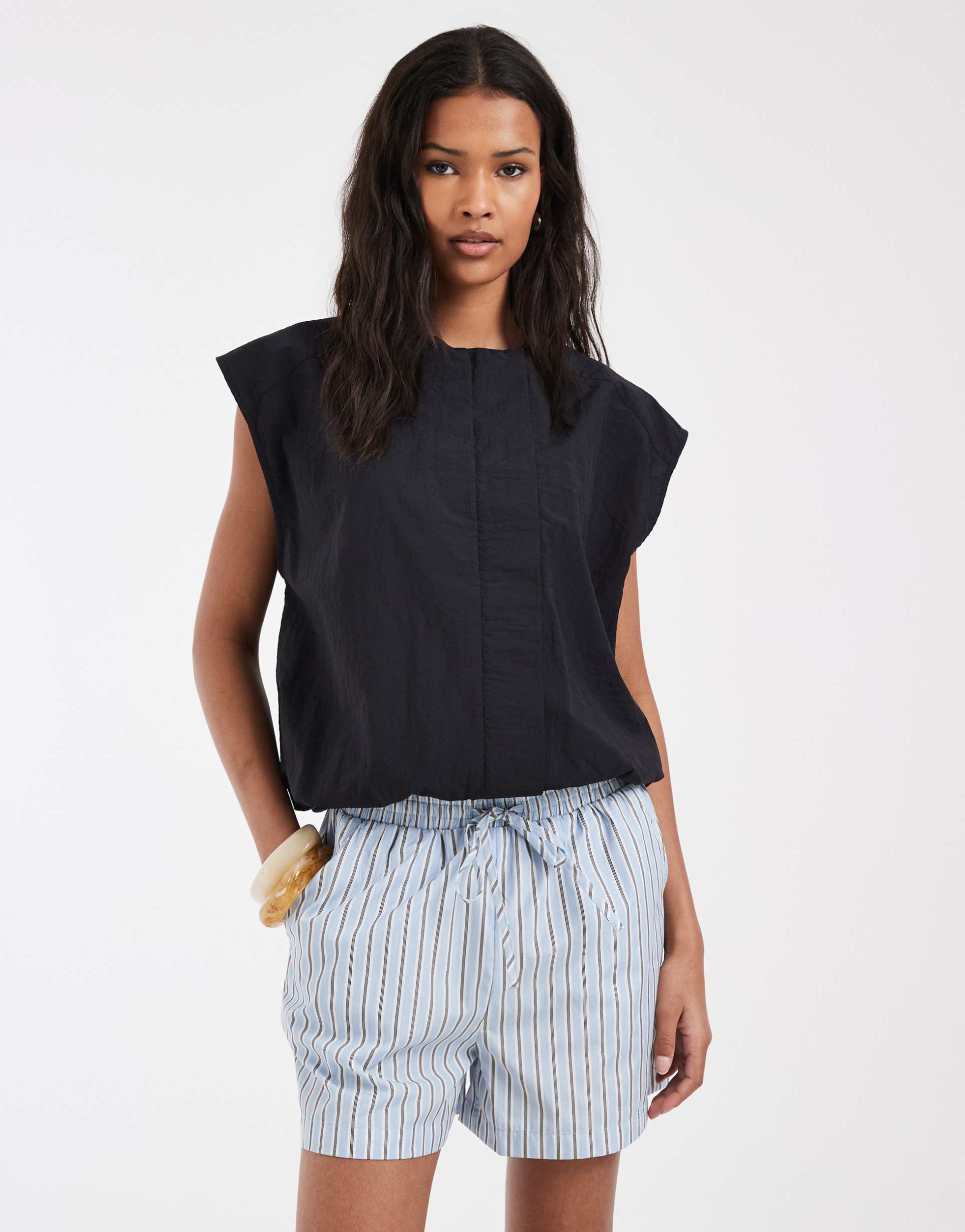 only pull on shorts in light blue stripes