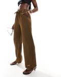 [ONLY] ONLY pull on textured straight leg pants in brown 10 BROWN