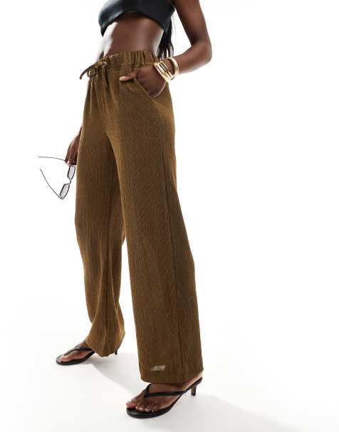 ONLY pull on textured straight leg trouser in brown - view 1