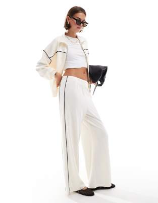 pull-on wide leg pants with contrast piping in cream - part of a set-White