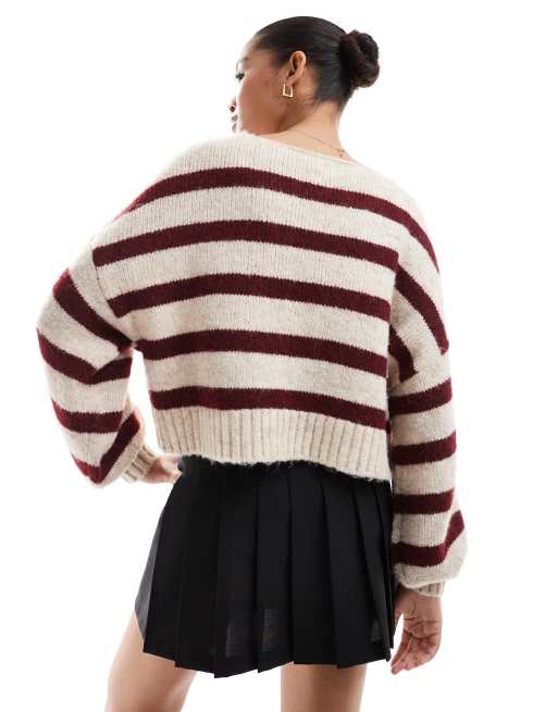 Only - Pull rayé à encolure large - Crème et bordeaux, 2 de 4