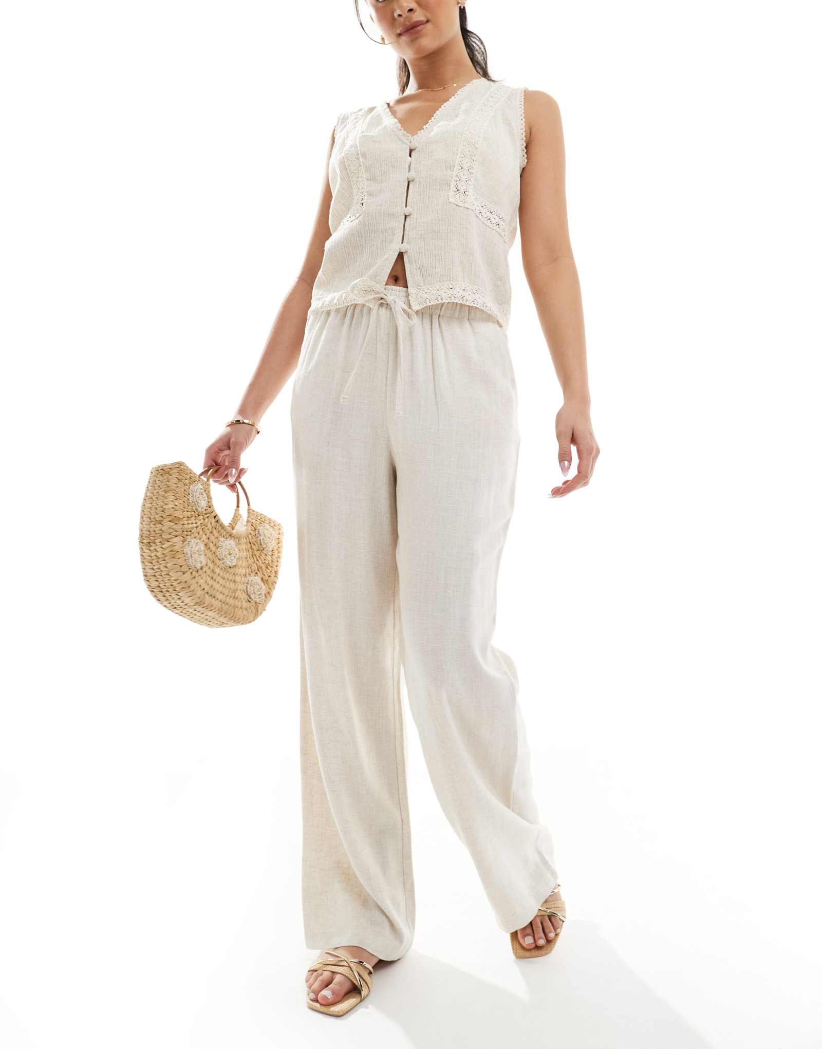 ONLY pull up linen mix pants in beige