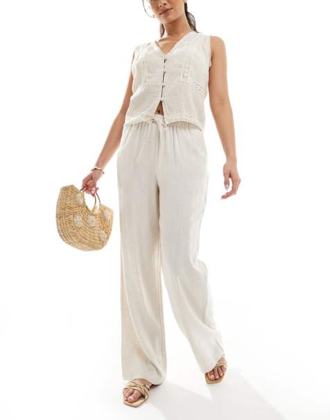 ONLY pull up linen trousers co-ord in beige - view 1