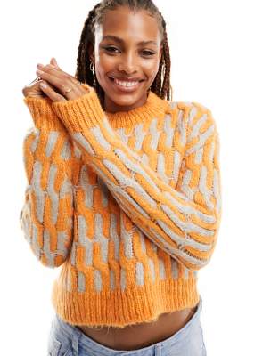 Only - Pullover mit Wellenmuster in Orange und Beige und Rundhalsausschnitt-Bunt