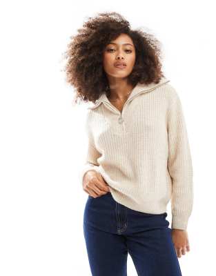 quarter zip knitted sweater in cream-White