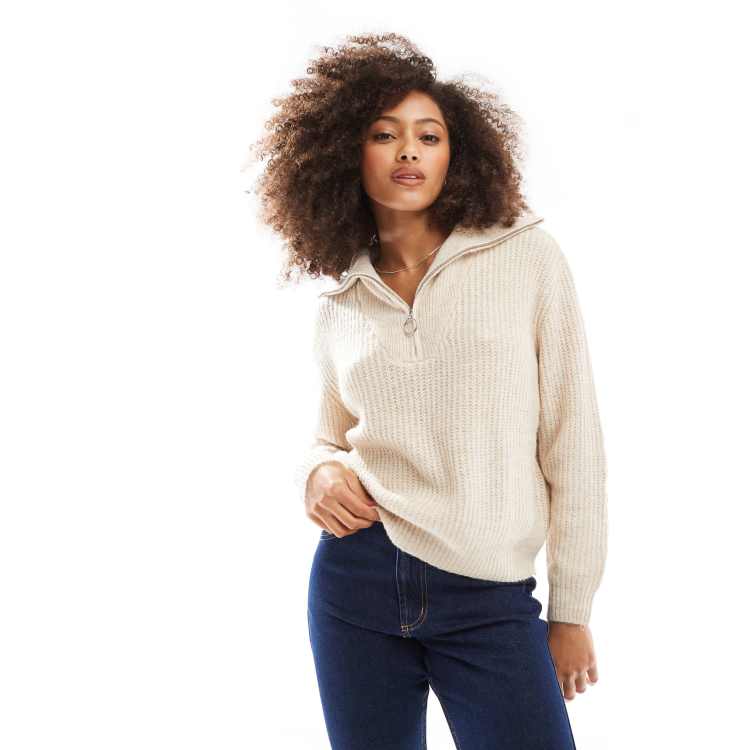 ONLY quarter zip knitted sweater in cream ASOS