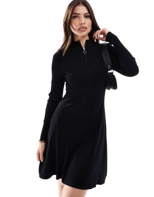 quarter zip structured knit midi dress in black